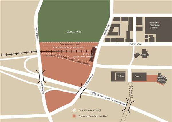 Concept drawing of Manukau Station and campus stage one, view from corner of Davies Ave and Putney Way.